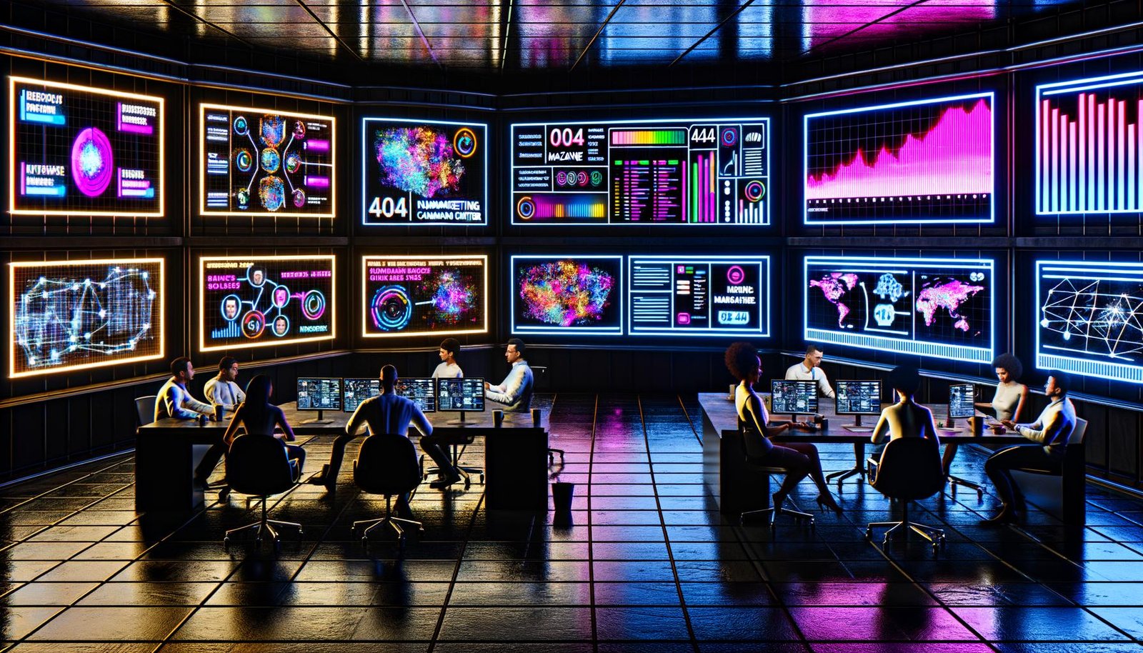 Cyberpunk-Marketingzentrum bei Nacht mit diversen Datenexperten, AR-Dashboards, leuchtenden Monitoren, Echtzeitdaten und kreativer Stimmung