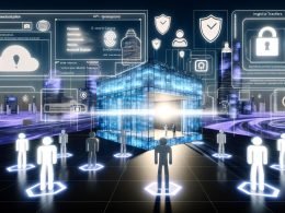 Futuristischer 3D-Metaverse-Store mit verschiedenen Avataren, schwebendem Stripe-Zahlungsterminal, API-Elementen, Sicherheits- und Datenanzeigen in einer digitalen Stadt.