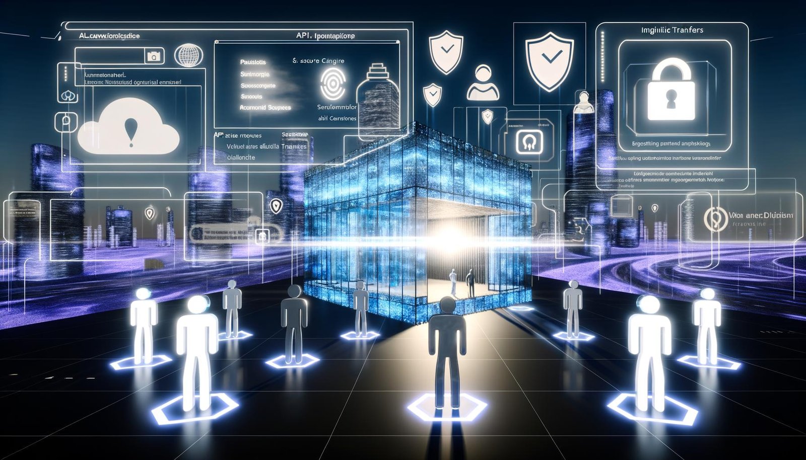 Futuristischer 3D-Metaverse-Store mit verschiedenen Avataren, schwebendem Stripe-Zahlungsterminal, API-Elementen, Sicherheits- und Datenanzeigen in einer digitalen Stadt.