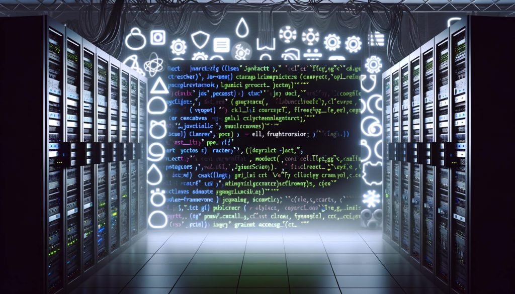 Maschinenraum mit Serverracks, leuchtendem HTML-Code, JavaScript-Symbolen und Webframework-Icons hinter einer Firewall, stimmungsvolle High-Tech-Kampfzone