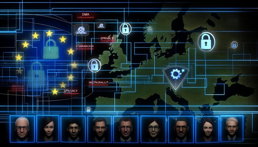 Marketing-Expertinnen und -Experten analysieren ein holografisches Dashboard mit EU-Regulierungen wie DMA, DSA und ePrivacy, dargestellt über einer vernetzten Europakarte, umgeben von digitalen Symbolen zu Datenschutz und Datensicherheit.