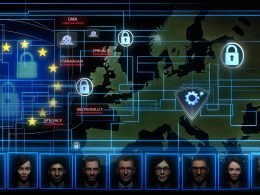 Marketing-Expertinnen und -Experten analysieren ein holografisches Dashboard mit EU-Regulierungen wie DMA, DSA und ePrivacy, dargestellt über einer vernetzten Europakarte, umgeben von digitalen Symbolen zu Datenschutz und Datensicherheit.