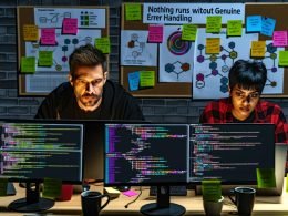 Professionelle Entwickler analysieren n8n-Workflows mit Fehlerwarnungen in einem modernen Büro bei Nacht, umgeben von Checklisten, Diagrammen und Kaffeetassen, betont durch den Slogan 'Nichts läuft ohne echtes Error Handling'.