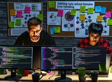 Professionelle Entwickler analysieren n8n-Workflows mit Fehlerwarnungen in einem modernen Büro bei Nacht, umgeben von Checklisten, Diagrammen und Kaffeetassen, betont durch den Slogan 'Nichts läuft ohne echtes Error Handling'.