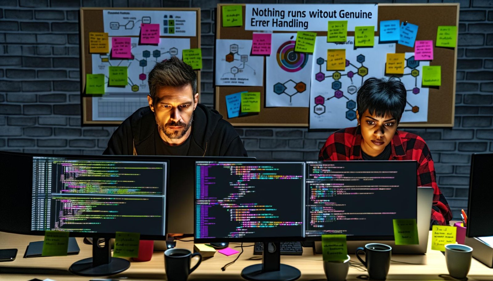 Professionelle Entwickler analysieren n8n-Workflows mit Fehlerwarnungen in einem modernen Büro bei Nacht, umgeben von Checklisten, Diagrammen und Kaffeetassen, betont durch den Slogan 'Nichts läuft ohne echtes Error Handling'.