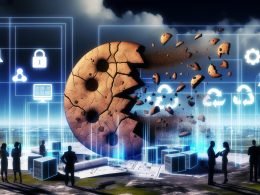 Zerfallende Cookies in einer digitalen Landschaft, neue Datenschutz- und Serversymbole im Vordergrund, Marketer und Browser-Icons präsentieren den Wandel im Tracking.