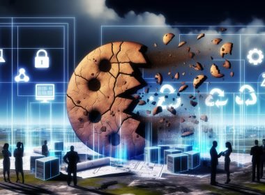 Zerfallende Cookies in einer digitalen Landschaft, neue Datenschutz- und Serversymbole im Vordergrund, Marketer und Browser-Icons präsentieren den Wandel im Tracking.