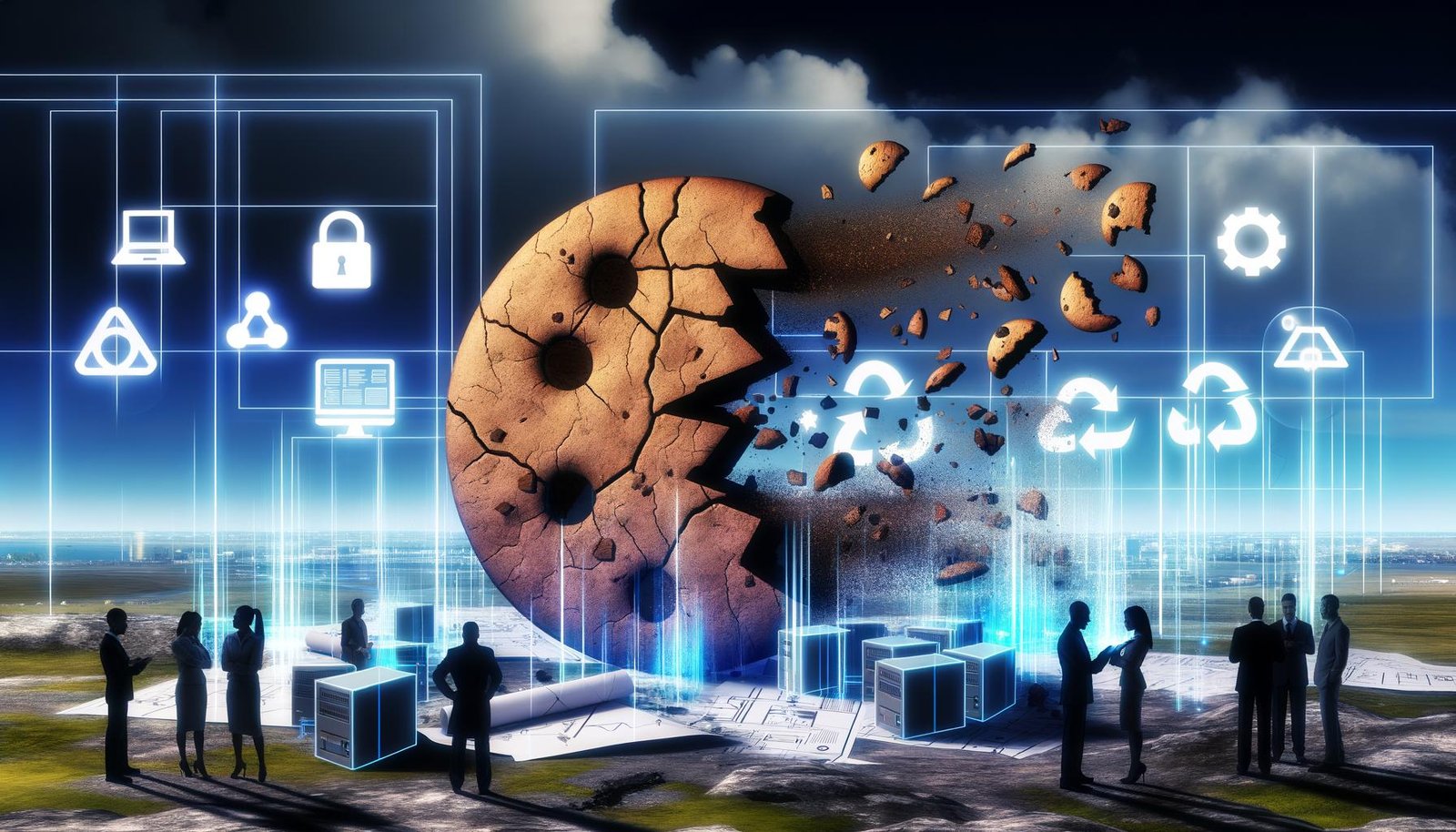 Zerfallende Cookies in einer digitalen Landschaft, neue Datenschutz- und Serversymbole im Vordergrund, Marketer und Browser-Icons präsentieren den Wandel im Tracking.