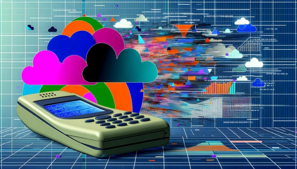 Illustration eines gescheiterten, altertümlichen Mobiltelefons vor einer riesigen Datenwolke und verwirrenden Machine-Learning-Fehlermeldungen.