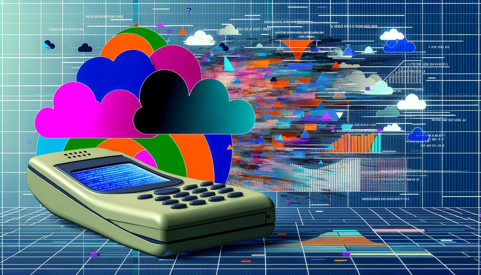 Illustration eines gescheiterten, altertümlichen Mobiltelefons vor einer riesigen Datenwolke und verwirrenden Machine-Learning-Fehlermeldungen.