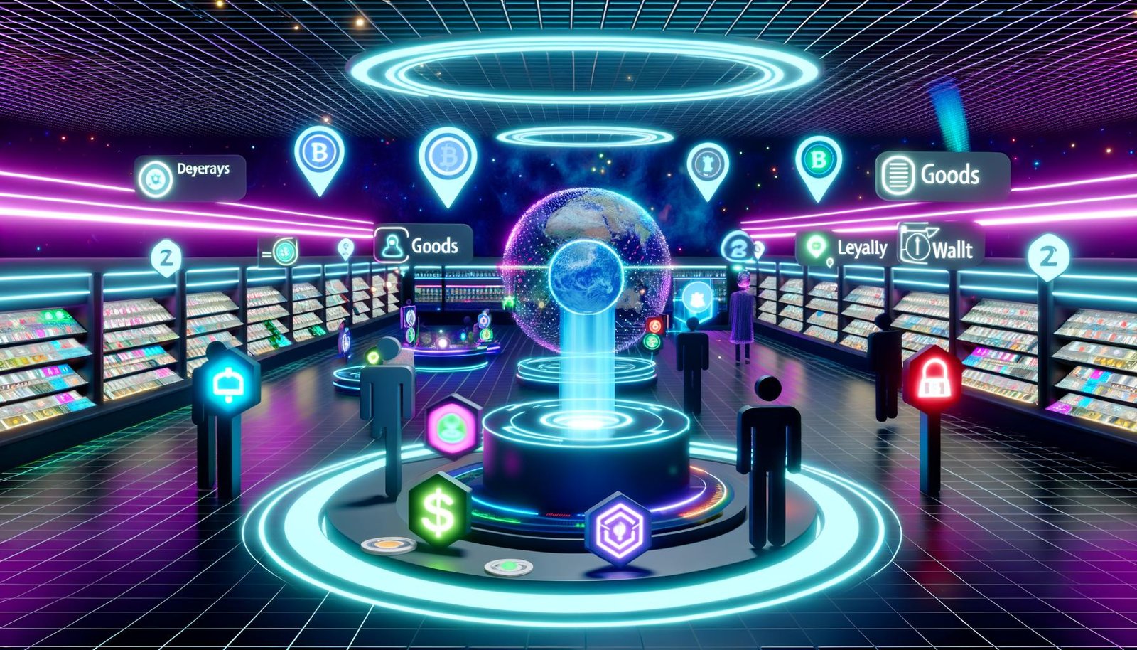 Futuristischer 3D-Metaverse-Shop mit holografischen Displays, Stripe-Zahlungsterminals, Avataren, NFT-Assets und digitalen Wallet-Symbolen in kräftigen Neonfarben.