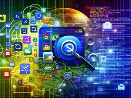 Grafik mit App Store-Icons und Web-Suchergebnissen, ein Hybrid-App-Icon verbindet beide Welten, im Hintergrund Datenströme und eine Lupe als Symbol für SEO.