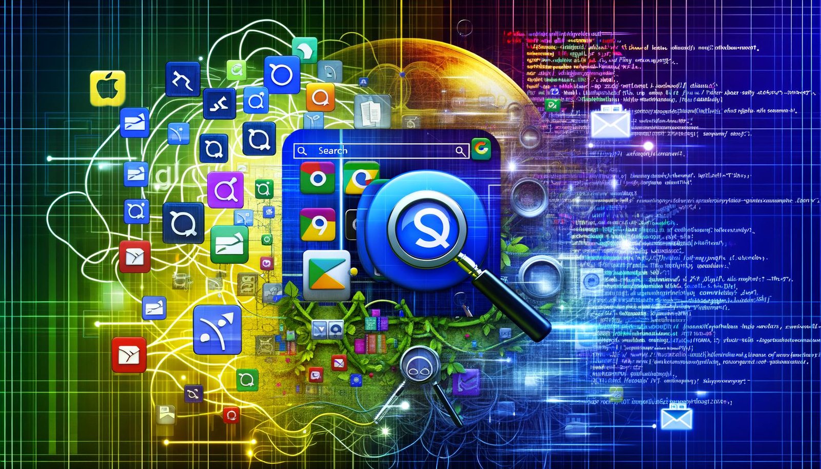 Grafik mit App Store-Icons und Web-Suchergebnissen, ein Hybrid-App-Icon verbindet beide Welten, im Hintergrund Datenströme und eine Lupe als Symbol für SEO.