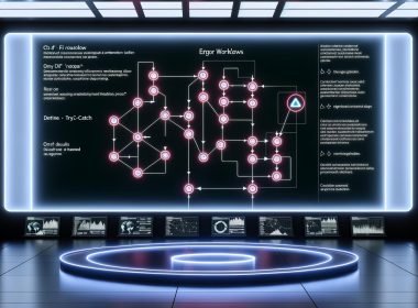 Moderne n8n Automatisierungs-Workflow-Visualisierung in einem cyberpunkigen Kontrollraum mit Fehlererkennung, Verzweigungen, Warnsymbolen und Monitoring-Displays.