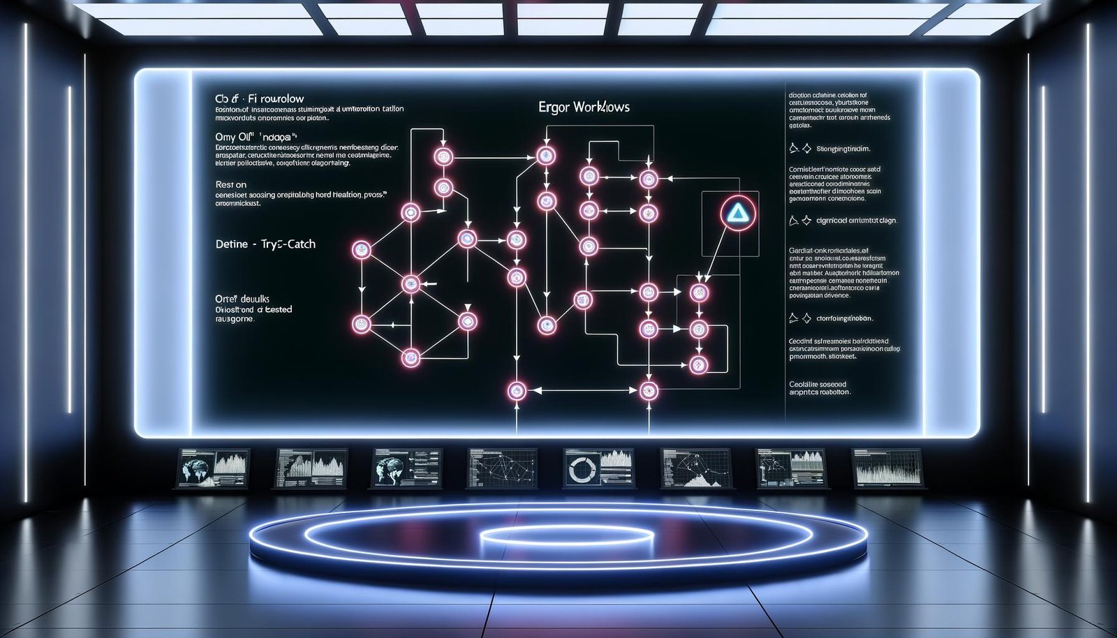 Moderne n8n Automatisierungs-Workflow-Visualisierung in einem cyberpunkigen Kontrollraum mit Fehlererkennung, Verzweigungen, Warnsymbolen und Monitoring-Displays.