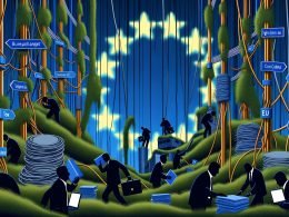 Stilisierte Abbildung eines dichten digitalen Dschungels mit Kabeln, Bürokraten, Juristen, Techies, EU-Stern, Wegweisern zu DSGVO, Digital Services Act, Netzneutralität sowie kämpfenden Lobbyisten und Telko-Giganten.