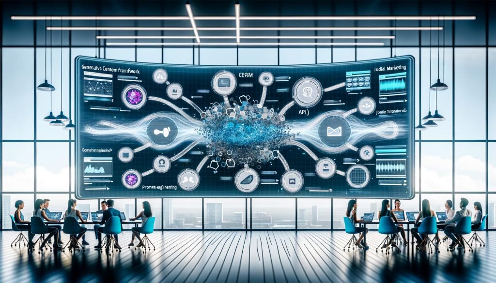 Modernes Büro mit schwebendem Interface für verschiedene Content-Formate, verbundenen Datenpipelines und einer diversen Gruppe von Professionals vor digitalen Dashboards und KI-Algorithmen.