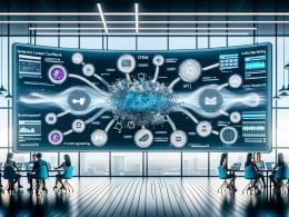 Modernes Büro mit schwebendem Interface für verschiedene Content-Formate, verbundenen Datenpipelines und einer diversen Gruppe von Professionals vor digitalen Dashboards und KI-Algorithmen.