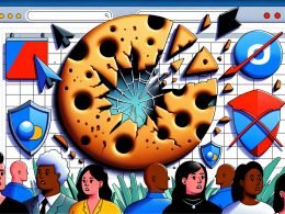 Zerbrochener Browser-Cookie mit Codes und Marketing-Icons, umgeben von Browser-Logos mit Block-Schildern, besorgte Marketer und ein Kalender mit 2025 im Hintergrund.