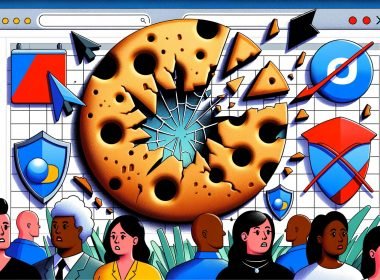 Zerbrochener Browser-Cookie mit Codes und Marketing-Icons, umgeben von Browser-Logos mit Block-Schildern, besorgte Marketer und ein Kalender mit 2025 im Hintergrund.