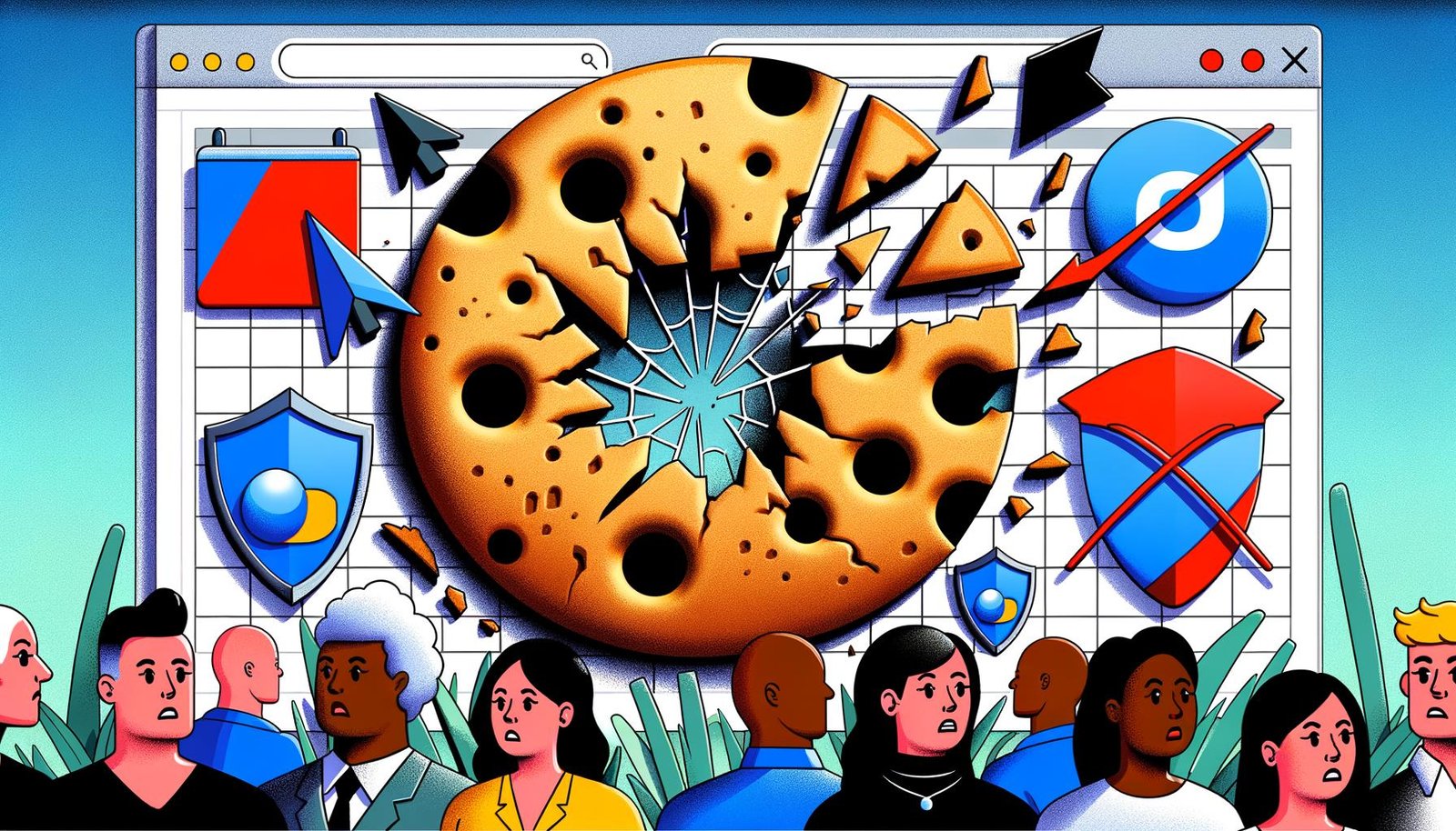 Zerbrochener Browser-Cookie mit Codes und Marketing-Icons, umgeben von Browser-Logos mit Block-Schildern, besorgte Marketer und ein Kalender mit 2025 im Hintergrund.