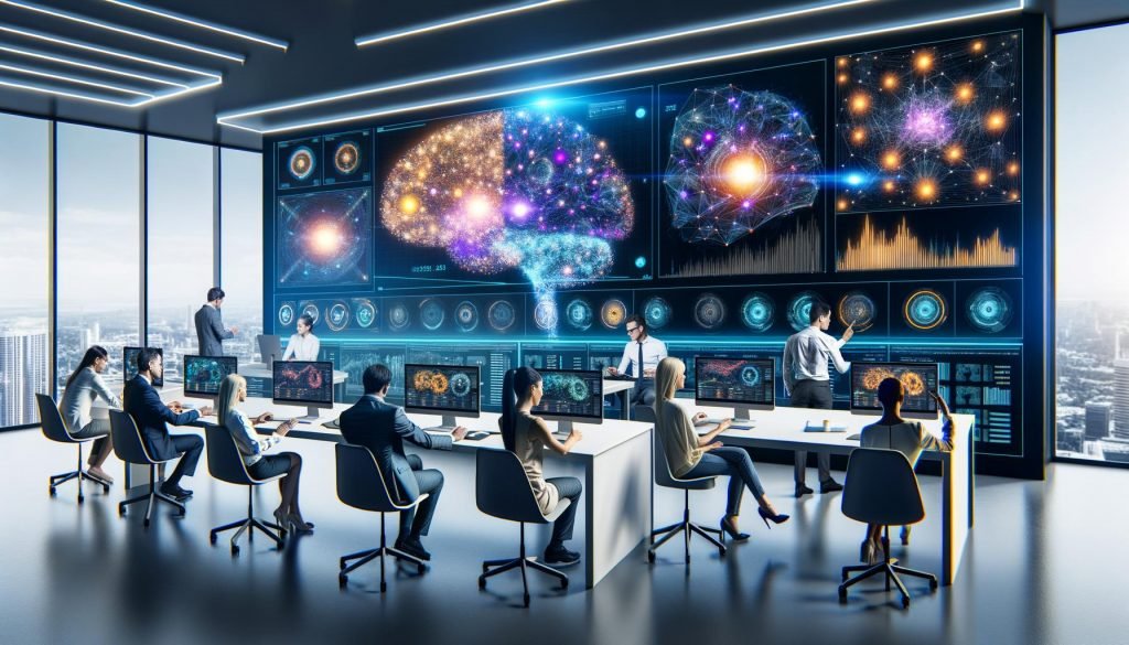 Futuristisches Marketingagentur-Büro mit Team vor digitalem Dashboard, das neuronale Netzwerke und Echtzeit-Marketingmetriken zeigt