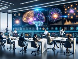 Futuristisches Marketingagentur-Büro mit Team vor digitalem Dashboard, das neuronale Netzwerke und Echtzeit-Marketingmetriken zeigt