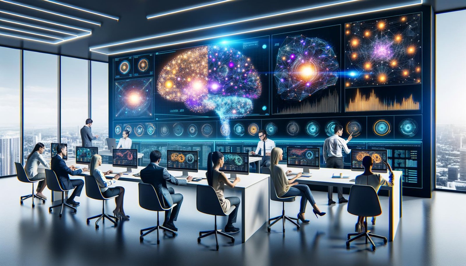 Futuristisches Marketingagentur-Büro mit Team vor digitalem Dashboard, das neuronale Netzwerke und Echtzeit-Marketingmetriken zeigt