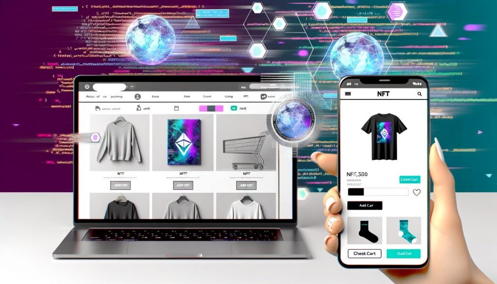 Moderne E-Commerce-Benutzeroberfläche auf Laptop und Smartphone mit NFT-Kunstwerken, T-Shirts und Socken zum Verkauf, Blockchain- und Shopping-Grafiken im Hintergrund.