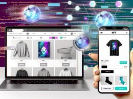 Moderne E-Commerce-Benutzeroberfläche auf Laptop und Smartphone mit NFT-Kunstwerken, T-Shirts und Socken zum Verkauf, Blockchain- und Shopping-Grafiken im Hintergrund.