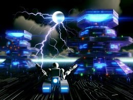 Futuristische und klassische Plattformen kämpfen in einer nächtlichen Cyber-Szenerie um SEO-Vorherrschaft, beobachtet von einem überdimensionalen Google-Roboter mit sichtbaren Datenströmen und Keywords.