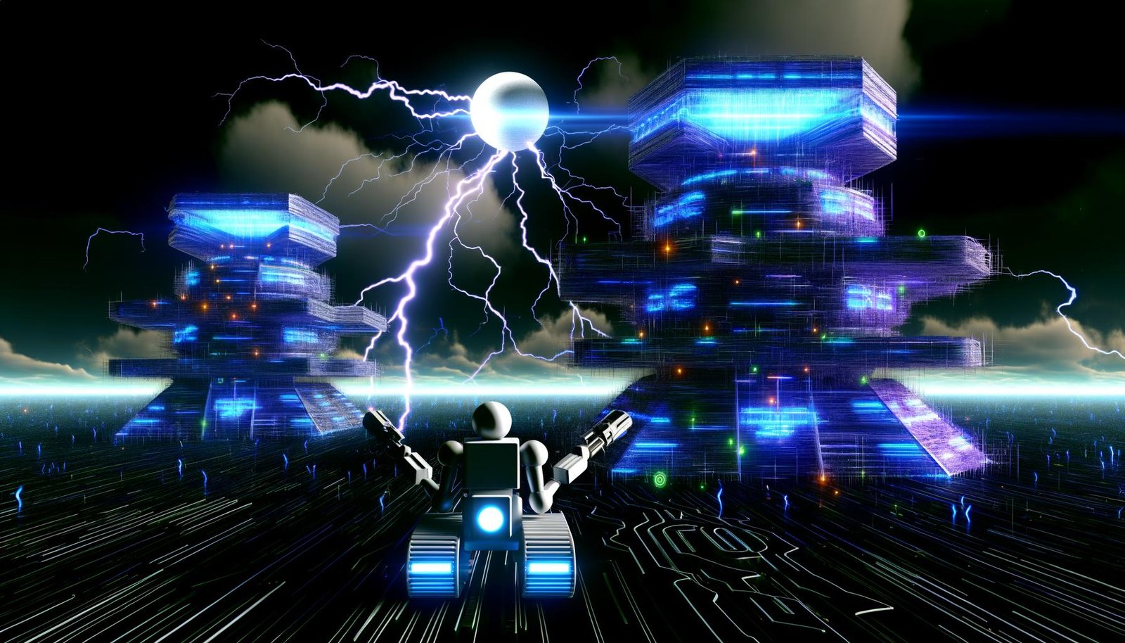 Futuristische und klassische Plattformen kämpfen in einer nächtlichen Cyber-Szenerie um SEO-Vorherrschaft, beobachtet von einem überdimensionalen Google-Roboter mit sichtbaren Datenströmen und Keywords.