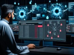 IT-Profi arbeitet nachts an einer modernen Multi-Monitor-Workstation mit n8n-Fehlerwarnungen und Slack-Alarmen, unterstützt von digitalem Dashboard und leuchtenden Netzwerkkabeln.