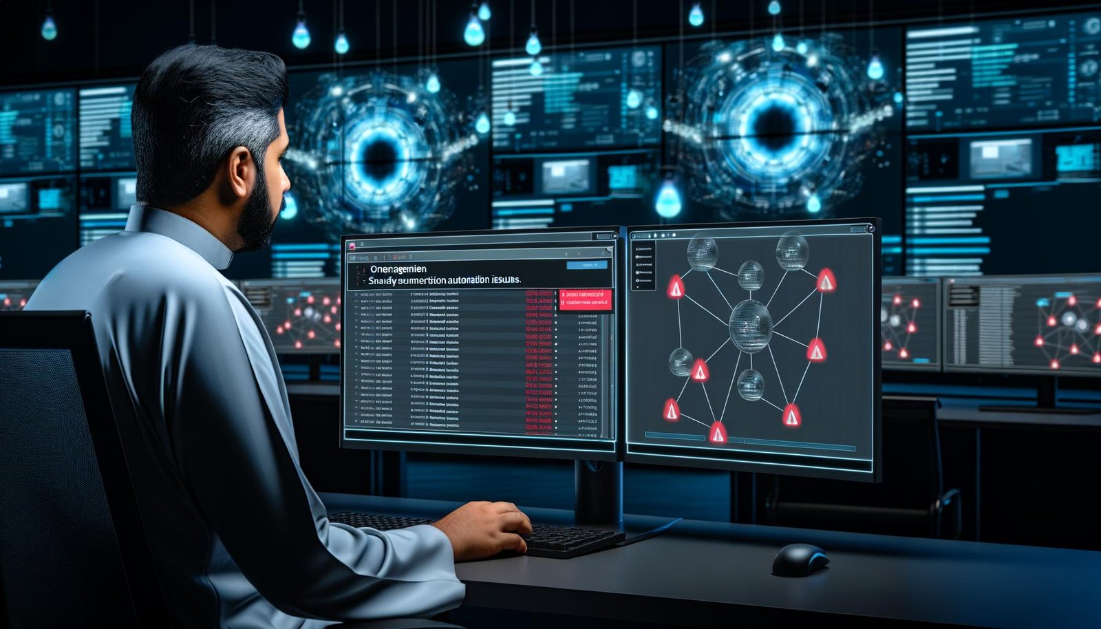 IT-Profi arbeitet nachts an einer modernen Multi-Monitor-Workstation mit n8n-Fehlerwarnungen und Slack-Alarmen, unterstützt von digitalem Dashboard und leuchtenden Netzwerkkabeln.