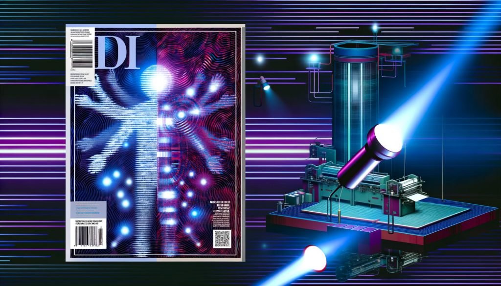 Modernes Magazin-Cover mit Mensch-KI-Fusion aus abstrakten digitalen Elementen, kontrastiert von alten Druckmaschinen und einem hochmodernen Rechenzentrum, in Neonblau, Magenta und Weiß.