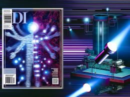 Modernes Magazin-Cover mit Mensch-KI-Fusion aus abstrakten digitalen Elementen, kontrastiert von alten Druckmaschinen und einem hochmodernen Rechenzentrum, in Neonblau, Magenta und Weiß.