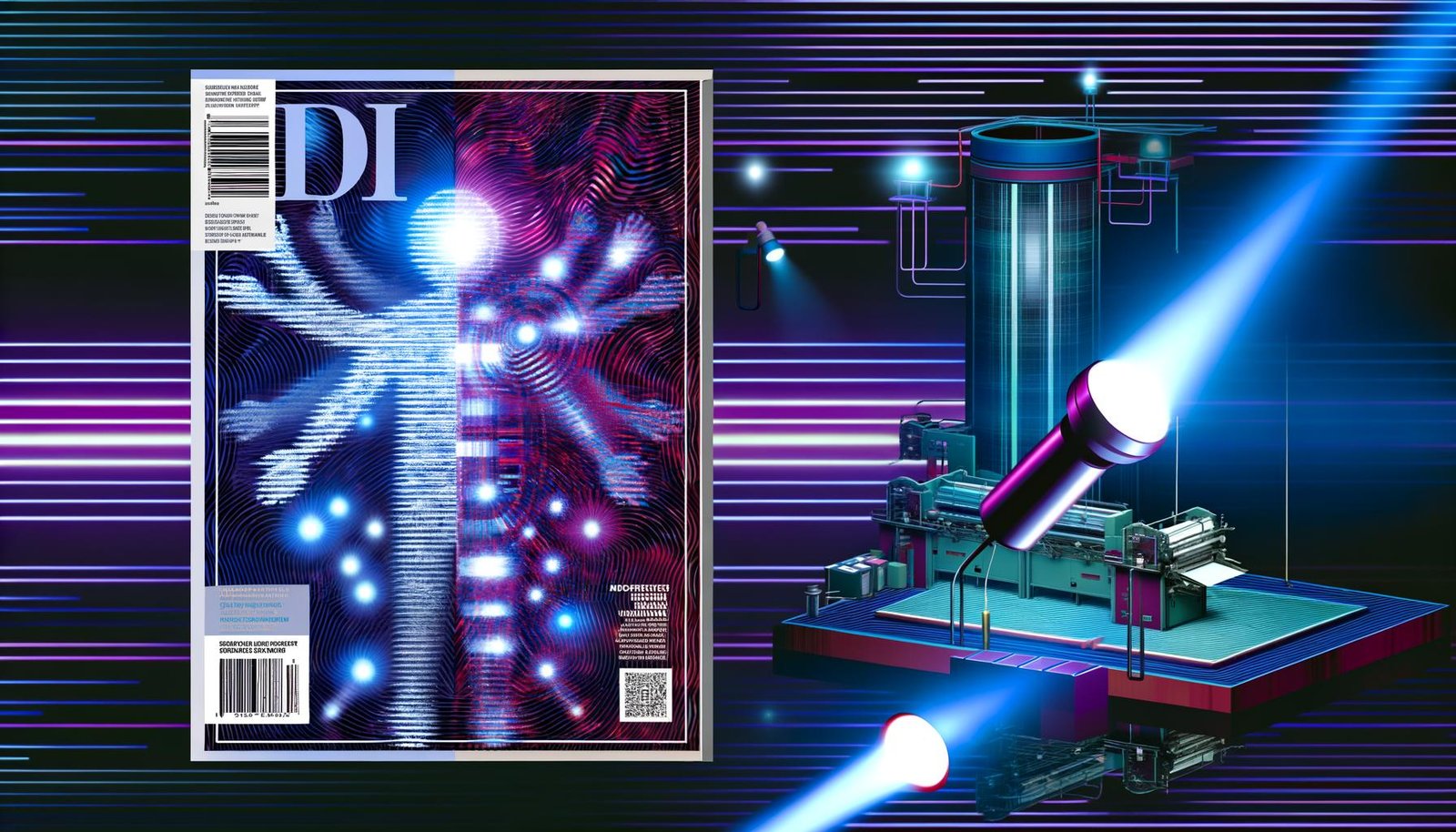 Modernes Magazin-Cover mit Mensch-KI-Fusion aus abstrakten digitalen Elementen, kontrastiert von alten Druckmaschinen und einem hochmodernen Rechenzentrum, in Neonblau, Magenta und Weiß.
