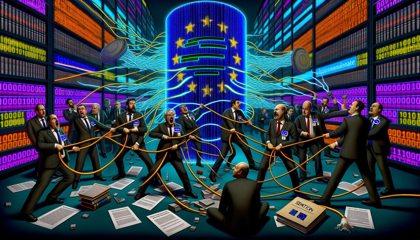 Geschäftsleute mit Lobbyisten-, Technik- und Regulierer-Logos ziehen energisch an Datenkabeln, die an einen leuchtenden Serverturm angeschlossen sind. Im Hintergrund hängt die EU-Flagge voller digitalem Code, während Gesetzesbücher und Papiere den Boden bedecken.