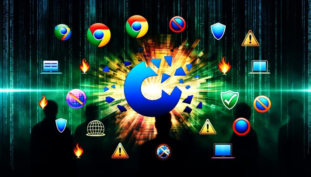 Futuristische Grafik mit zerbrochenem digitalen Cookie, Neon-Codefragmenten, Browser-Logos mit 'Keine Cookies'-Symbolen und Analysten vor anonymisierten Dashboards vor Hightech-Hintergrund.