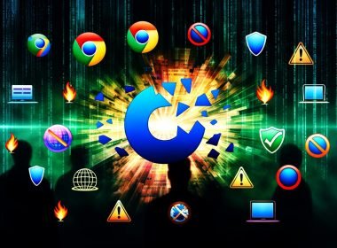 Futuristische Grafik mit zerbrochenem digitalen Cookie, Neon-Codefragmenten, Browser-Logos mit 'Keine Cookies'-Symbolen und Analysten vor anonymisierten Dashboards vor Hightech-Hintergrund.