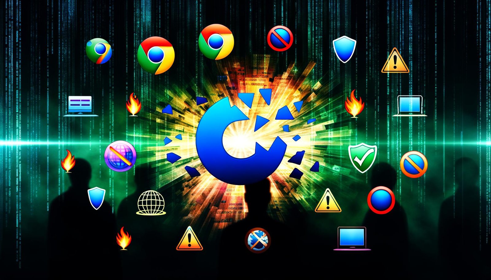 Futuristische Grafik mit zerbrochenem digitalen Cookie, Neon-Codefragmenten, Browser-Logos mit 'Keine Cookies'-Symbolen und Analysten vor anonymisierten Dashboards vor Hightech-Hintergrund.