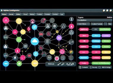 Komplexes n8n-Workflow-Interface mit verbundenen Nodes, Triggern wie Webhook, Kafka, RabbitMQ, bunten Datenpaketen, Monitoring-Dashboard und DevOps-Icons auf dunklem, professionellem Hintergrund.