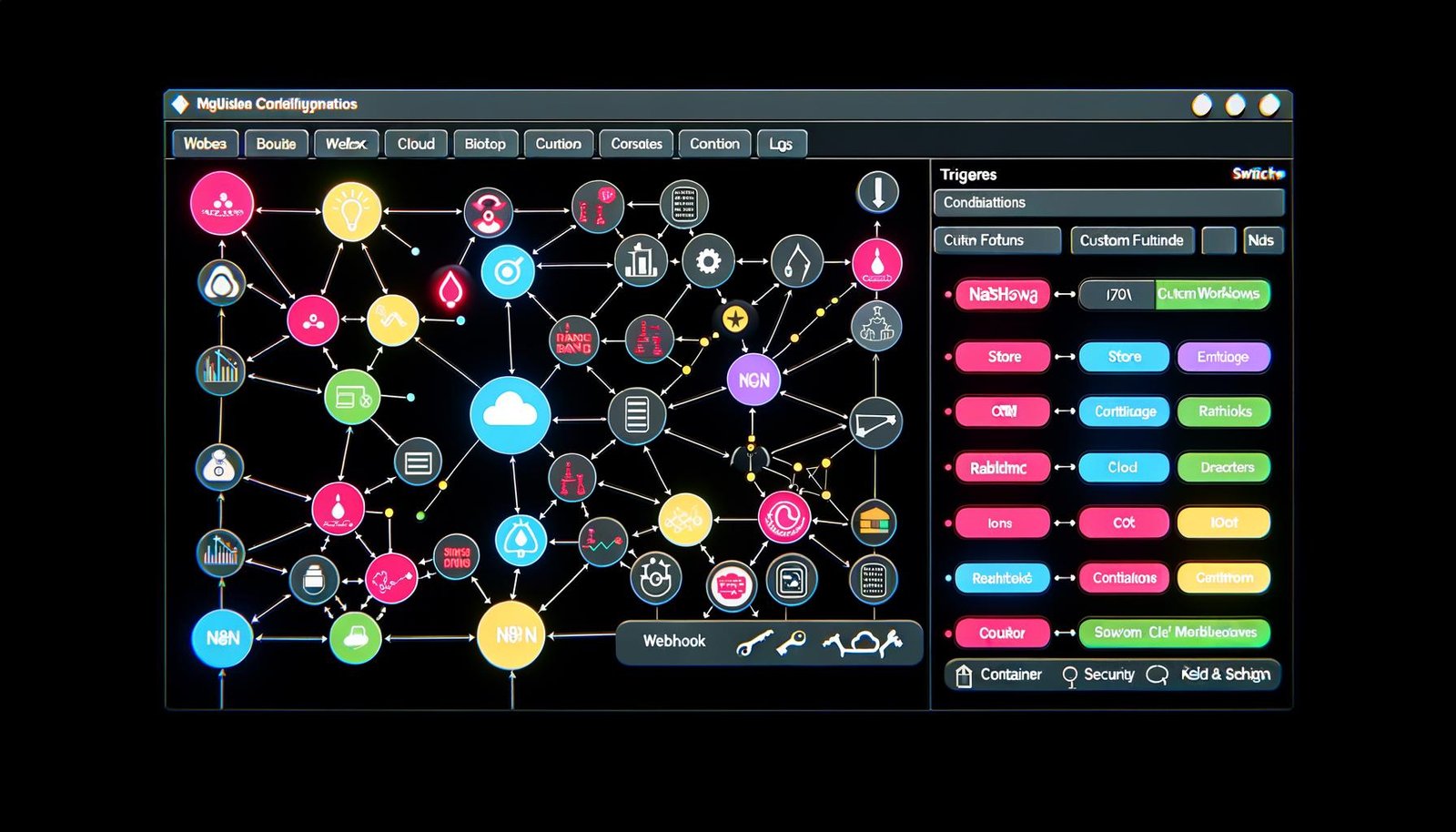 Komplexes n8n-Workflow-Interface mit verbundenen Nodes, Triggern wie Webhook, Kafka, RabbitMQ, bunten Datenpaketen, Monitoring-Dashboard und DevOps-Icons auf dunklem, professionellem Hintergrund.