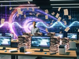 Redakteur arbeitet vor flackernden Bildschirmen mit KI-generierten Inhalten, während ein Tsunami aus digitalen Daten klassische Büroelemente überrollt