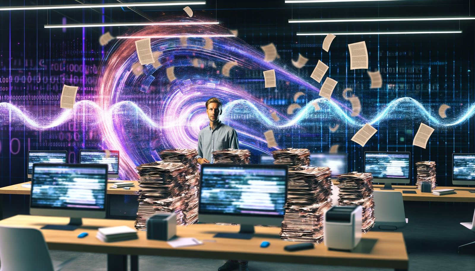 Redakteur arbeitet vor flackernden Bildschirmen mit KI-generierten Inhalten, während ein Tsunami aus digitalen Daten klassische Büroelemente überrollt