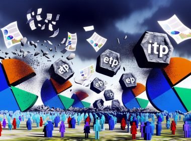 Zerstörte Browser-Cookies auf einer digitalen Wüstenlandschaft, Browser-Logos schlagen mit ITP- und ETP-Abrissbirnen zu; ratlose Marketer vor kaputten Analyse-Dashboards, fliegende Daten und Rechtsdokumente.