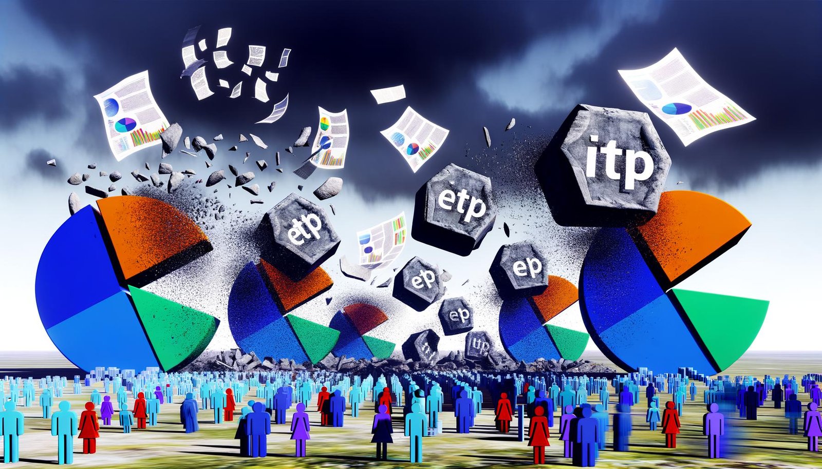 Zerstörte Browser-Cookies auf einer digitalen Wüstenlandschaft, Browser-Logos schlagen mit ITP- und ETP-Abrissbirnen zu; ratlose Marketer vor kaputten Analyse-Dashboards, fliegende Daten und Rechtsdokumente.