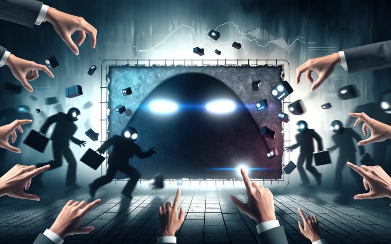 Düstere digitale Illustration eines Werbebanners mit klickenden Bots, Geschäftsmännern mit versteckten Absichten und schemenhaften Smartphone-Nutzern, umgeben von dunklen Blau- und Grautönen.