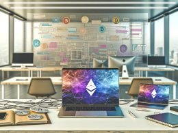 Innovativer Schreibtisch mit Laptop und Stripe-Dashboard, NFT-Galerie auf zweitem Display, Sicherheits-Token, Notizblock und Blockchain-Symbolen in modernem Start-up-Umfeld.