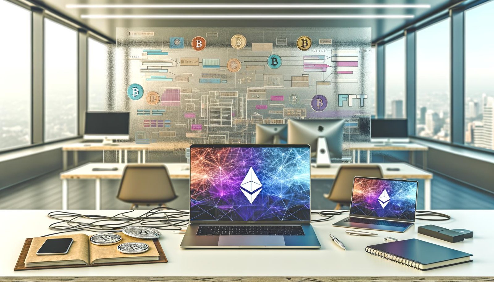 Innovativer Schreibtisch mit Laptop und Stripe-Dashboard, NFT-Galerie auf zweitem Display, Sicherheits-Token, Notizblock und Blockchain-Symbolen in modernem Start-up-Umfeld.